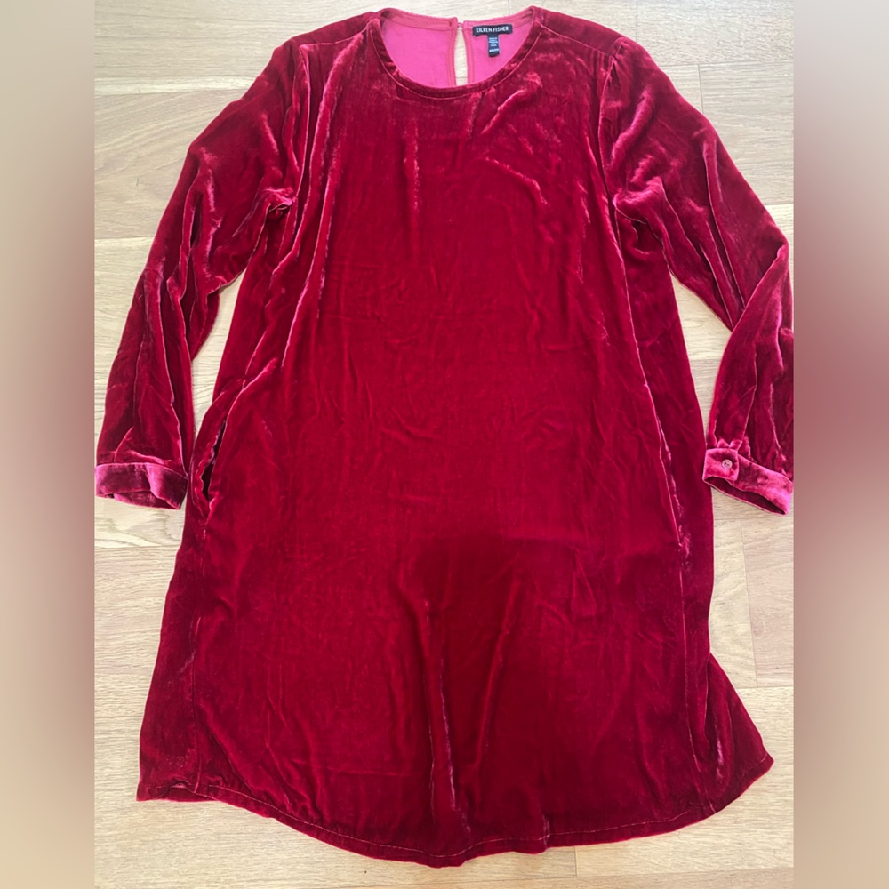Eileen Fisher Ruby Red Velvet Long Sleeve Dress viscose & silk size XXS VGUC